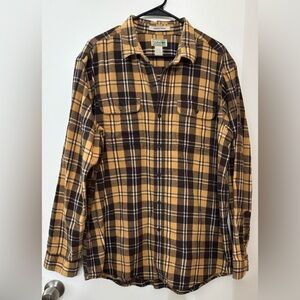 LL Bean Men Yellow Brown Slightly Fitted Cotton Flannel Button Down Shirt XL